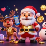 Celebrate jackpots with tx888, featuring Santa, reindeer, and a snowman in a bustling casino scene.