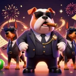 Engage with ku88 com's vibrant lottery scene featuring a mafia boss bulldog amidst colorful lottery elements.