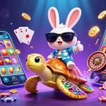 Lucky win as the adorable lucky rabbit enjoys a slot game adventure on a golden turtle.