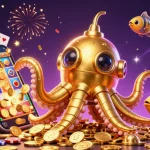 Immerse in LV88's thrilling world as a golden kraken submarine emerges through golden coins amidst vibrant casino elements.