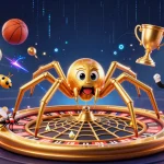 Experience thrilling bets at VIPWIN with a golden spider web roulette and a centipede croupier, amidst dynamic sports elements.